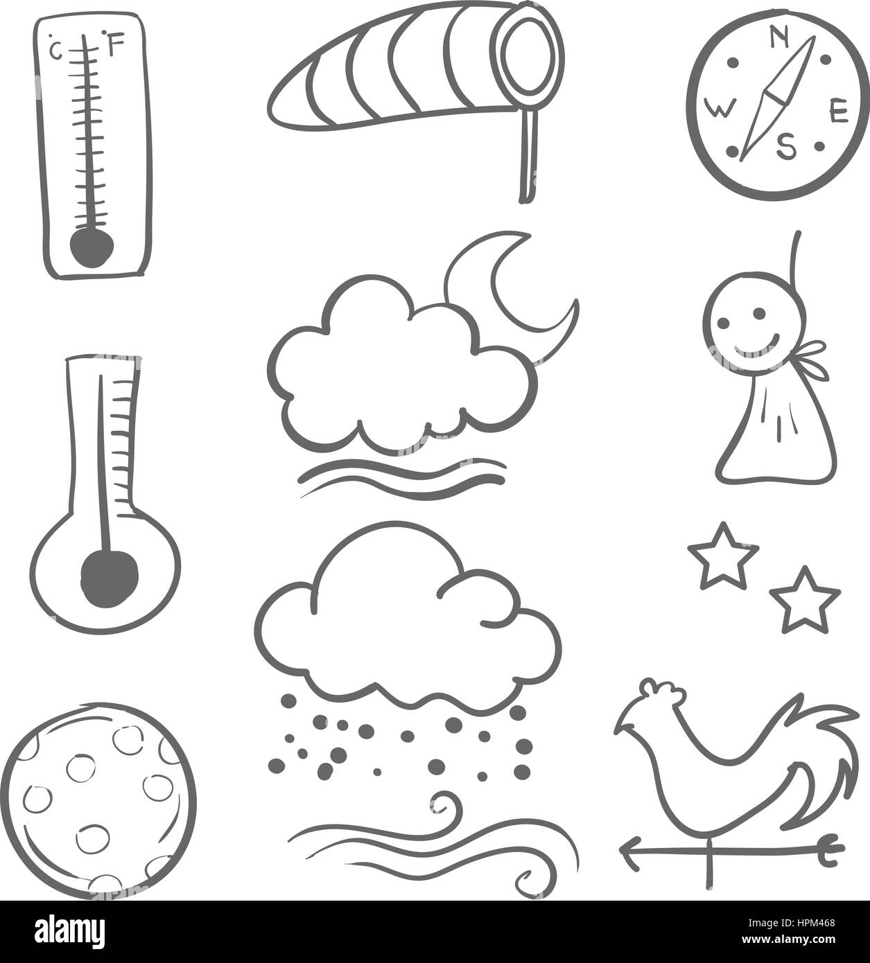 Doodle weather set cloud thunder Black and White Stock Photos & Images ...