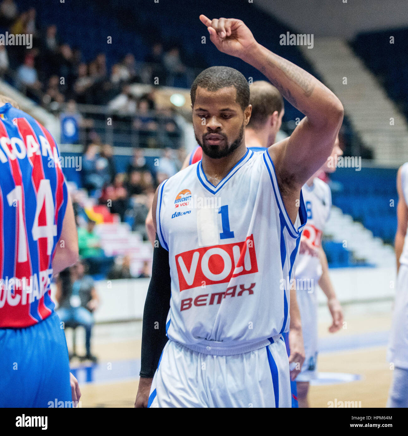 November 11, 2015: Omar Cook #1 of Buducnost Voli Podgorica during the  Eurocup Basketball game between Steaua CSM EximBank Bucharest (ROU) vs Buducnost  Voli Podgorica (MNE) at Polyvalent Hall in Bucharest, Romania