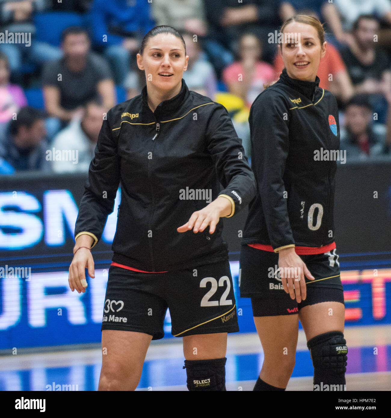 November 17, 2015: Luciana Marin #22 of HCM Baia Mare and Lois Abbingh #10 of HCM Baia Mare  in action during the Romania Woman's Handball National League game between  CSM Bucharest vs  HCM Baia Mare at Polyvalent Hall in Bucharest, Romania ROU.  Photo: Cronos/Catalin Soare Stock Photo
