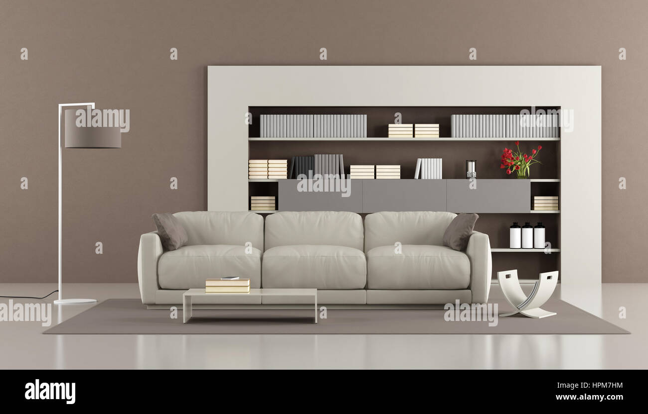 Modern living room with sofa and bookcase - 3d rendering Stock Photo