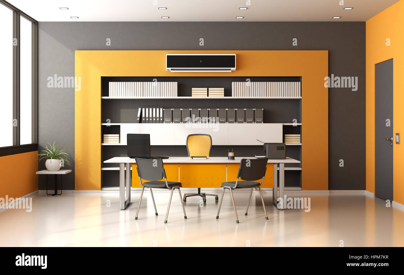 Modern office with desk,chairs ,bookcase and air conditioner 3d