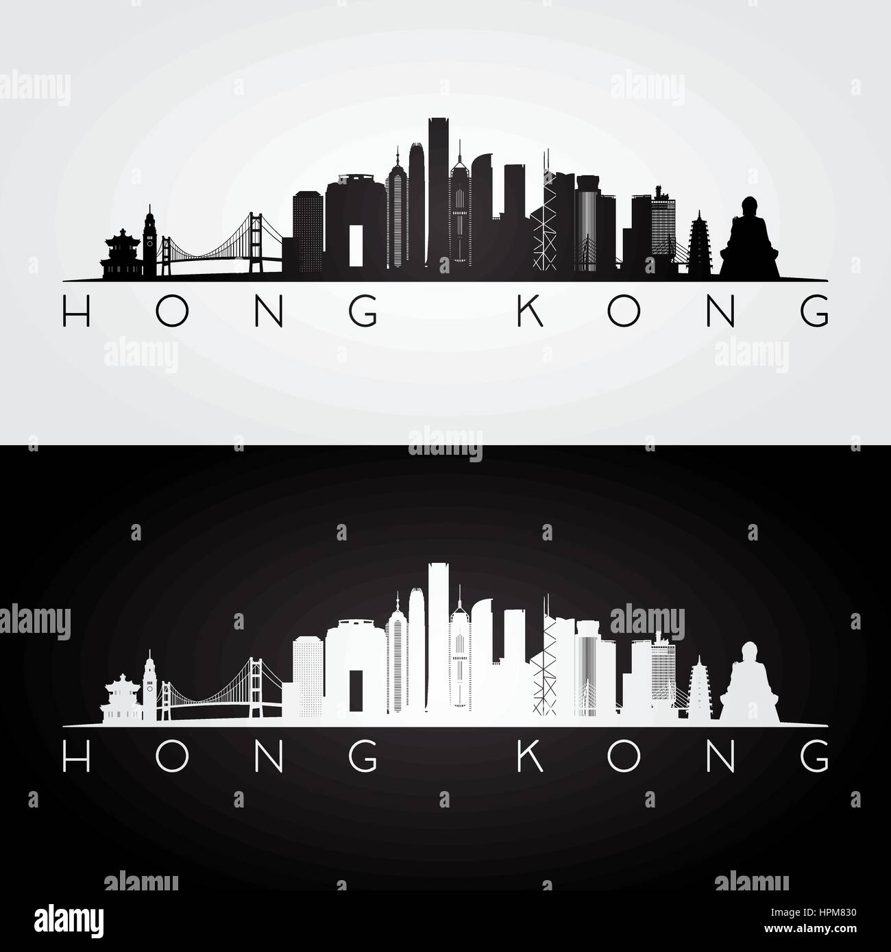 Hong Kong skyline and landmarks silhouette, black and white design