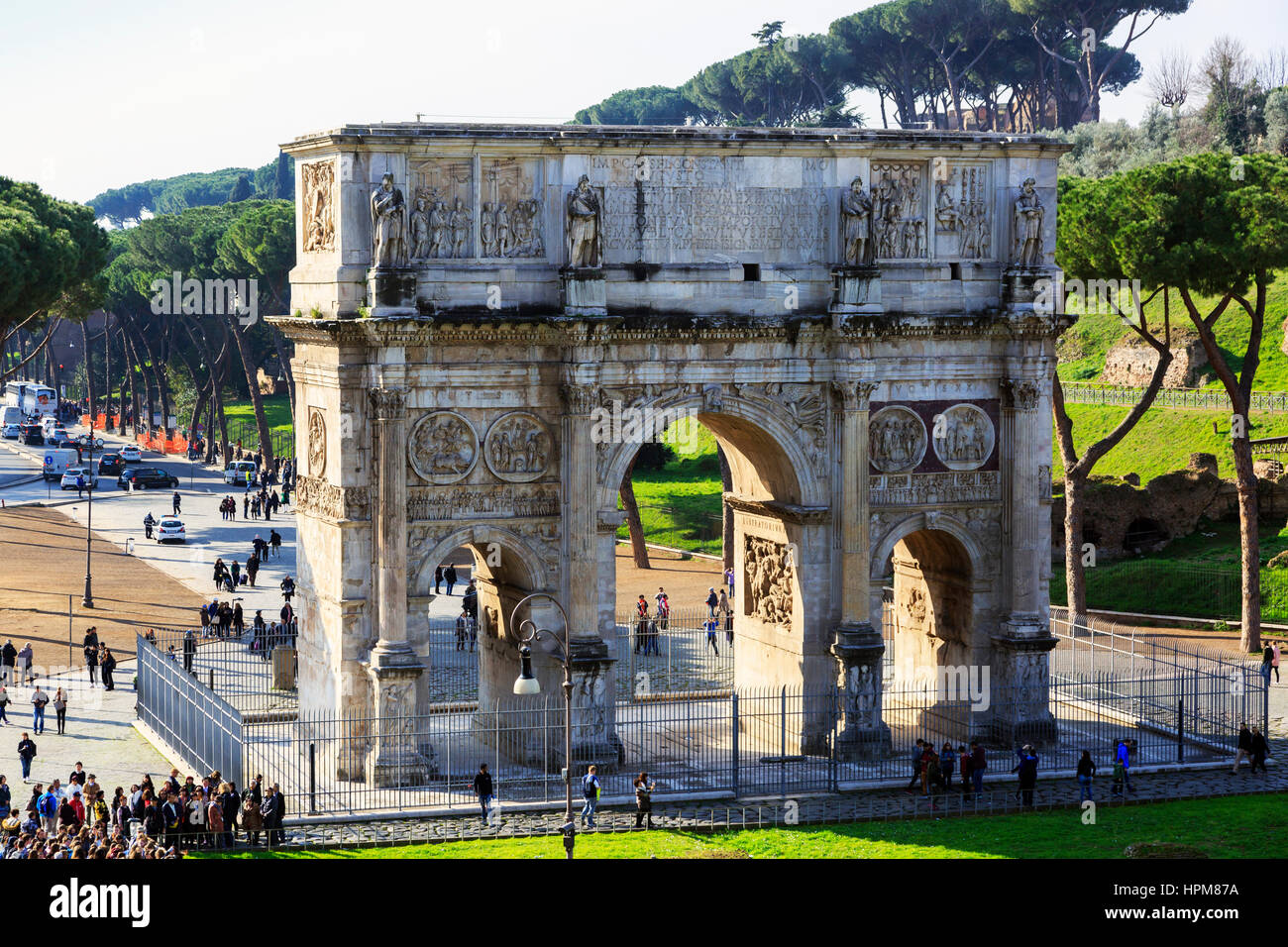 Arco de Constantino, the Triumphal arch built by the Senators in AD315, situated on the Via Triumphalis, between Palatine Hill and the Colosseum Stock Photo