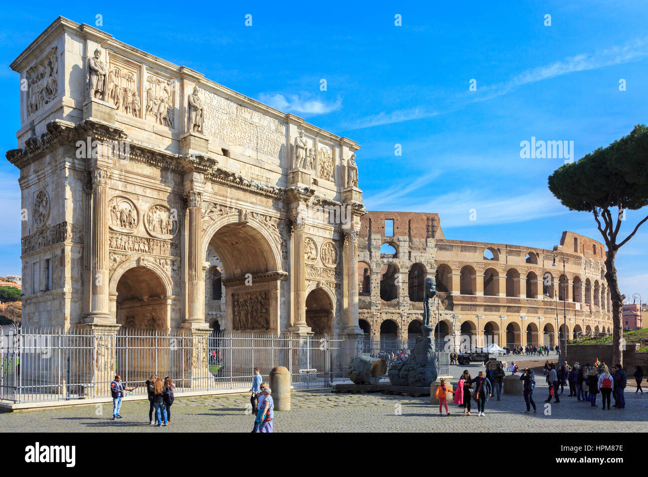 Arco de Constantino, the Triumphal arch built by the Senators in AD315, situated on the Via Triumphalis, between Palatine Hill and the Colosseum is Ro Stock Photo