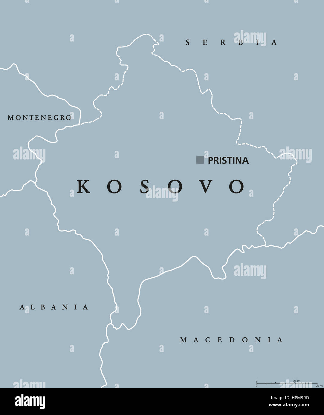 Kosovo political map with capital Pristina, national borders, neighbor countries. Disputed territory, partially recognized state in Europe. Stock Photo
