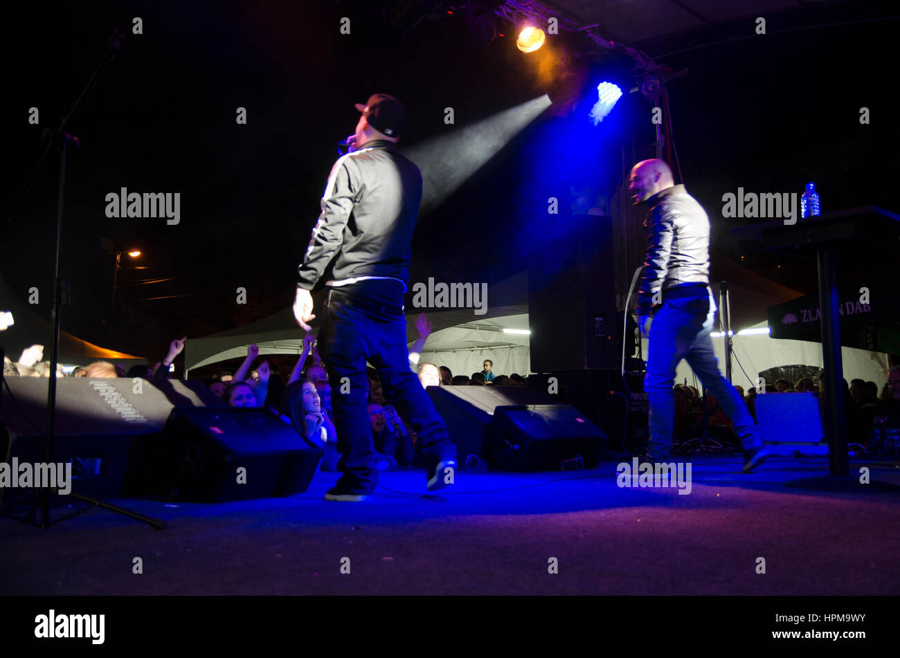 Macedonian music duo DNK performing on stage in Veles, R. Macedonia. Stock Photo