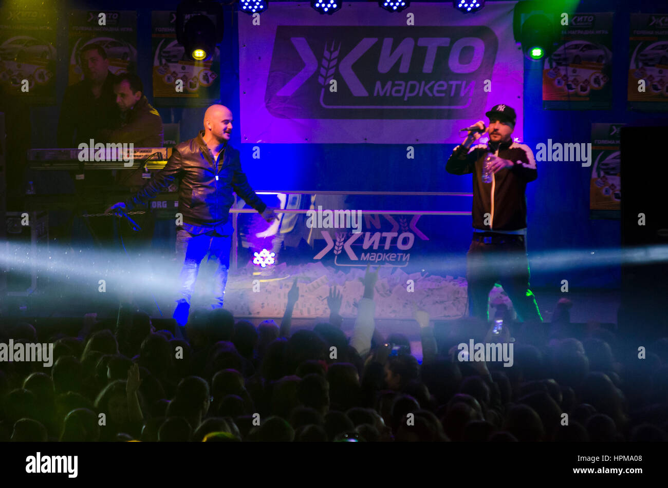 Macedonian music duo DNK performing on stage in Veles, R. Macedonia. Stock Photo