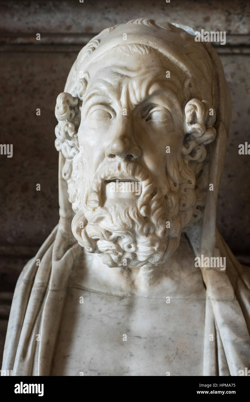 Rome. Italy. Portrait bust of Homer in the Hall of the Philosophers, marble copy of 2nd C BC Greek original, Capitoline Museums. Musei Capitolini. Stock Photo