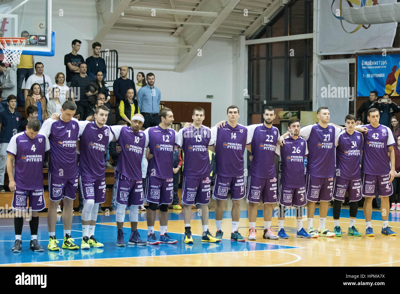 November 21, 2015: BCM U Pitesti team before the start of the game in the  LNBM - National Male Basketball League Romania game between Steaua CSM  EximBank Bucharest (ROU) vs BCM U