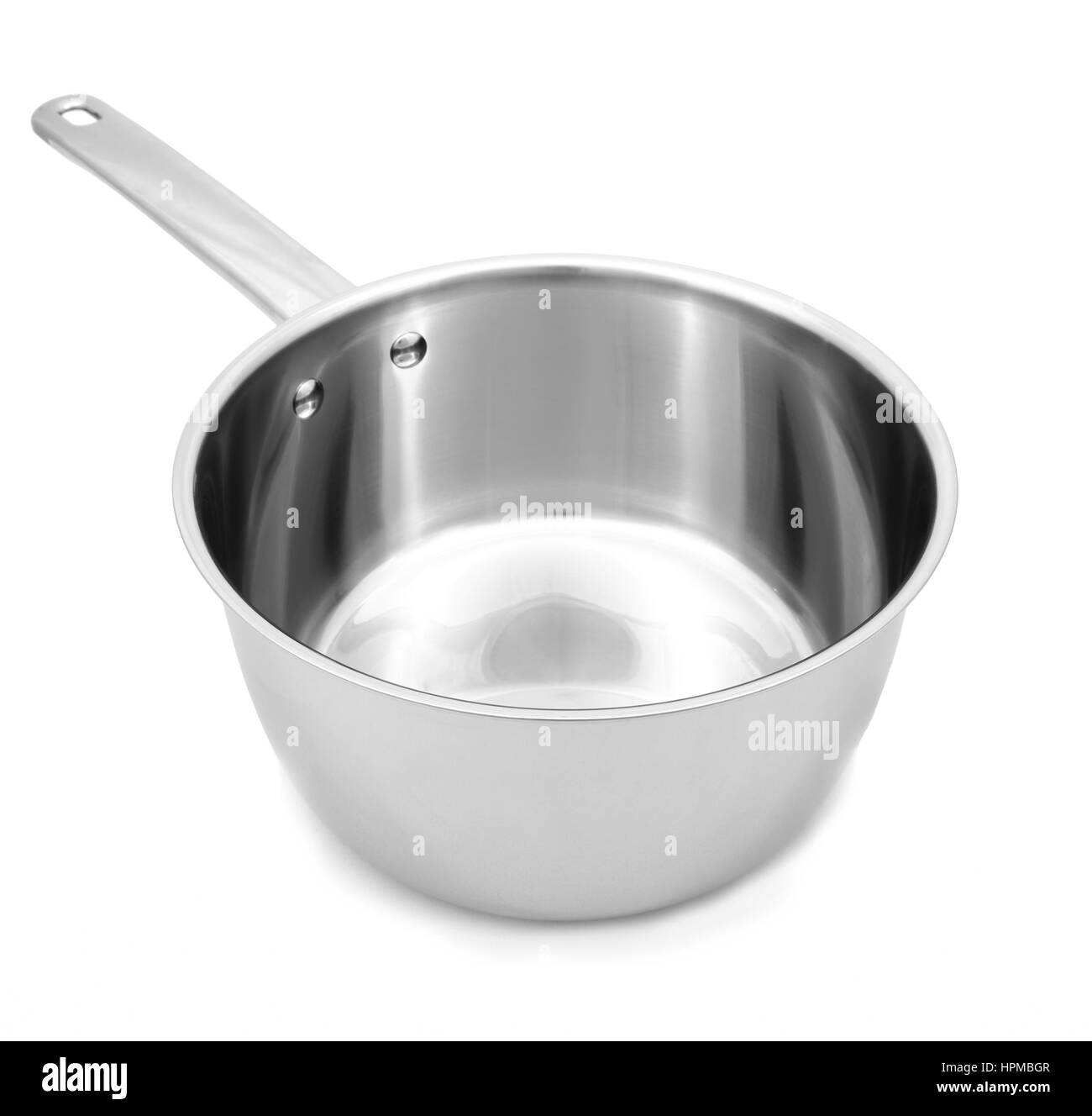 Shiny steel pan with handle isolated on white background Stock Photo