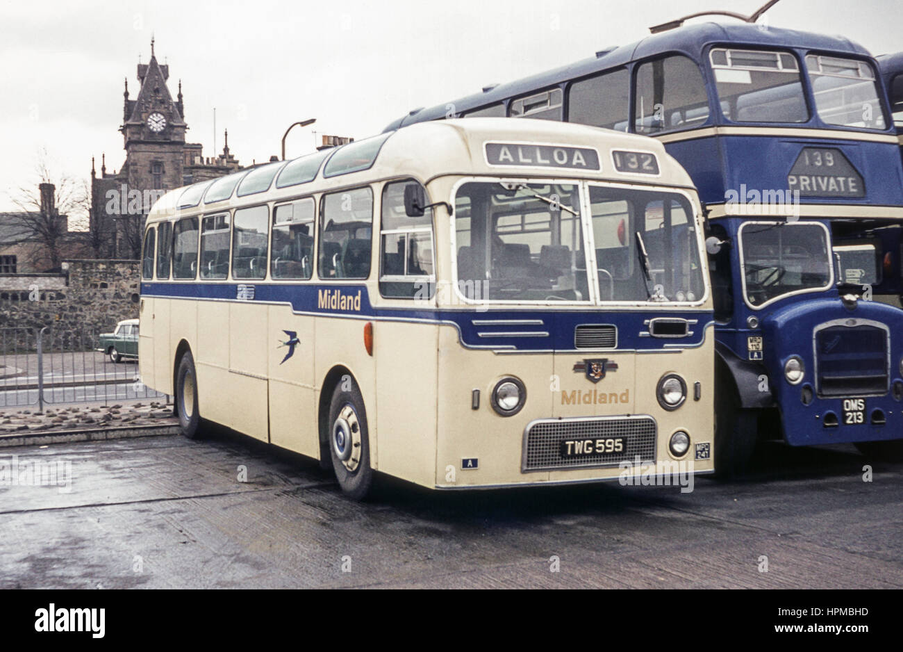 Scotland, UK - 1973: Vintage image of buses.  Alexander Midland Leyland MPD 241 (registration number TWG 595) and Alexander RD10 (registration number OMS 213). Stock Photo