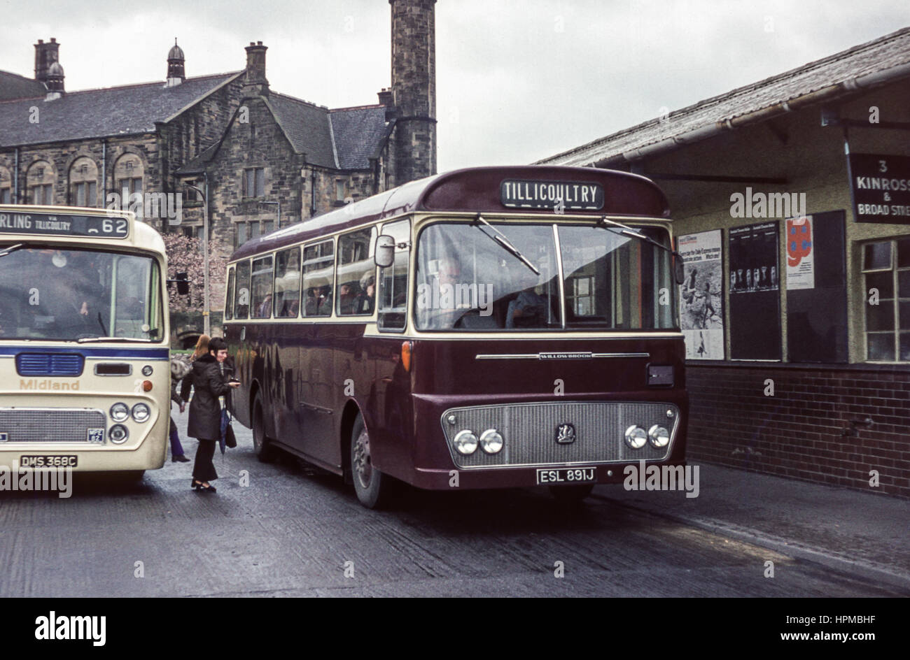 Scotland, UK - 1973: Vintage image of buses.  Midland Leyland MPE 82 (registration number DMS 368C) and Halley Bedford YRQ Willowbrook (registration ESL 891J). Stock Photo