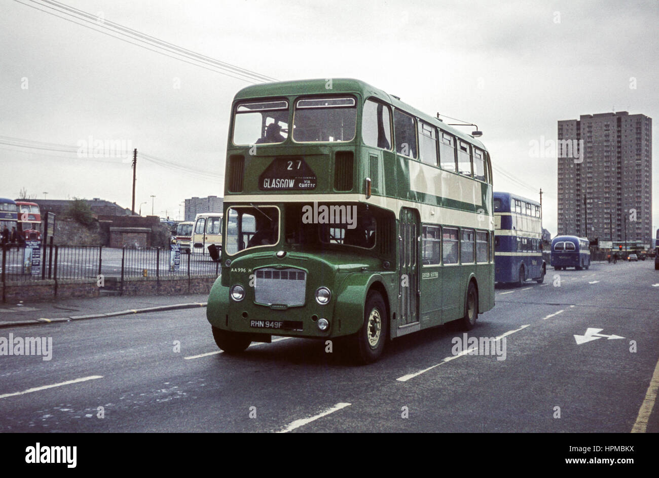 Scotland, UK - 1973: Vintage image of bus on road.  Eastern Scottish Bristol Lodekka FLF6G/ECW AA996 (registration number RHN 949F). Stock Photo