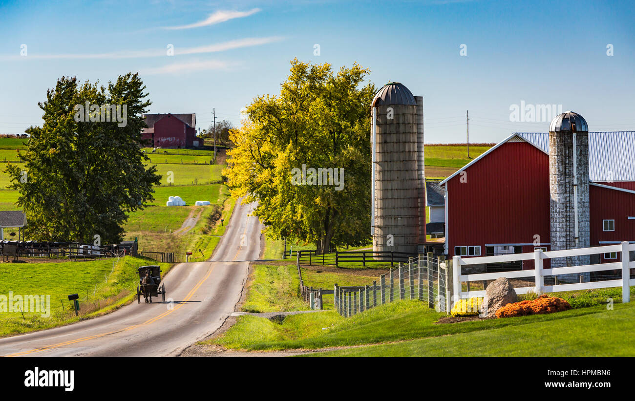 Amish horse and buggies on the roadways near Mt. Eaton, Ohio, USA Stock