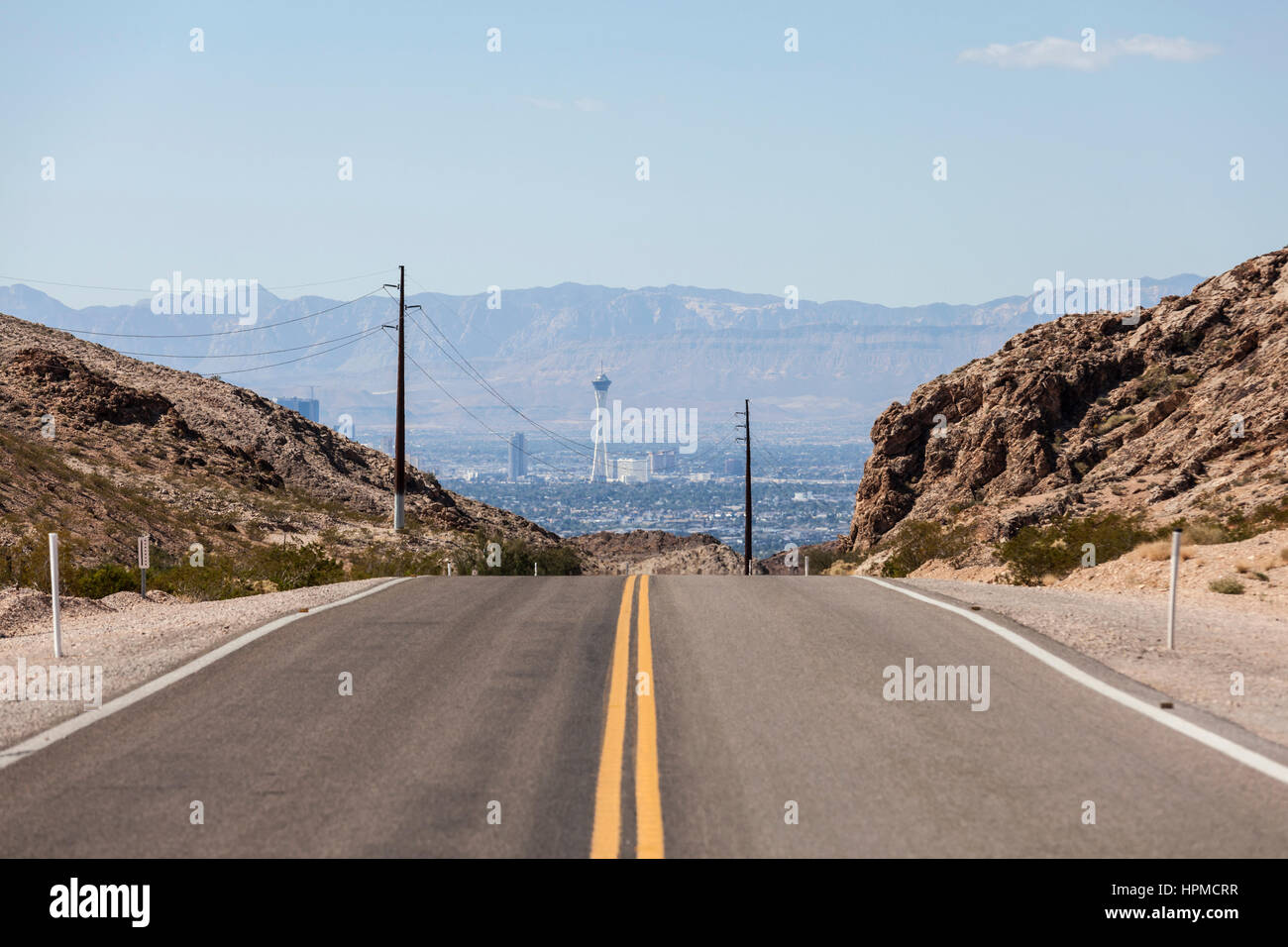 Desert road to the Stratosphere resort and the Las Vegas strip. Stock Photo