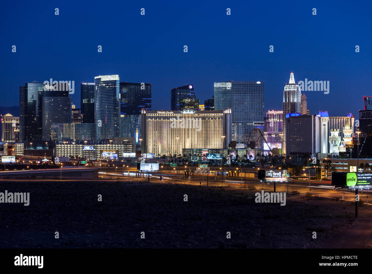 Las Vegas, Nevada, USA - November 30, 2013:  Predawn view of Monte Carlo, New York, New York and other Las Vegas resorts. Stock Photo