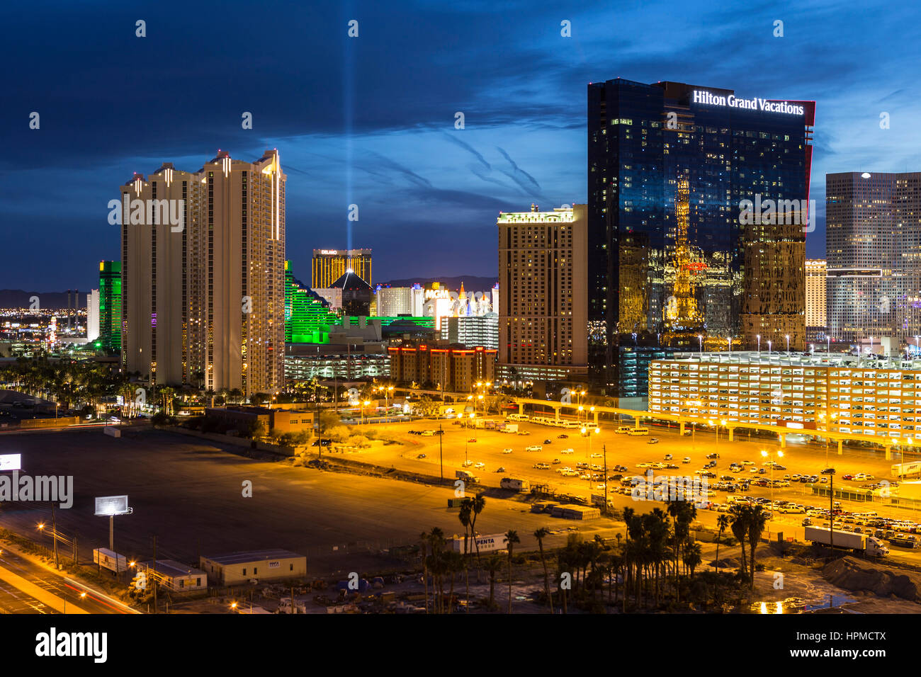 Las Vegas, Nevada, USA - March 22, 2015:  Las Vegas strip casino resort towers at night. Stock Photo