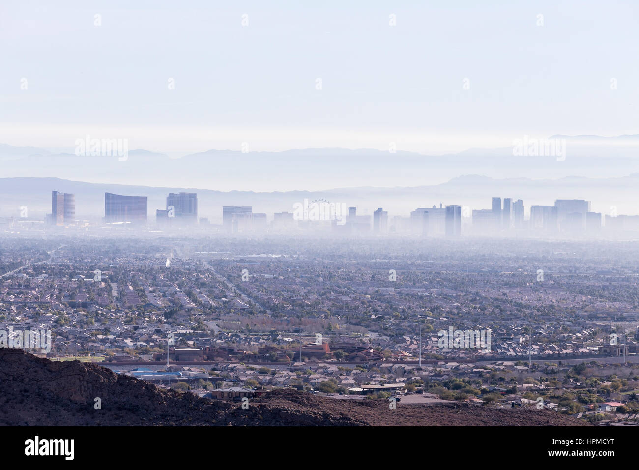 Las Vegas, Nevada, USA - February 4, 2015: Las Vegas valley haze and smog. Stock Photo