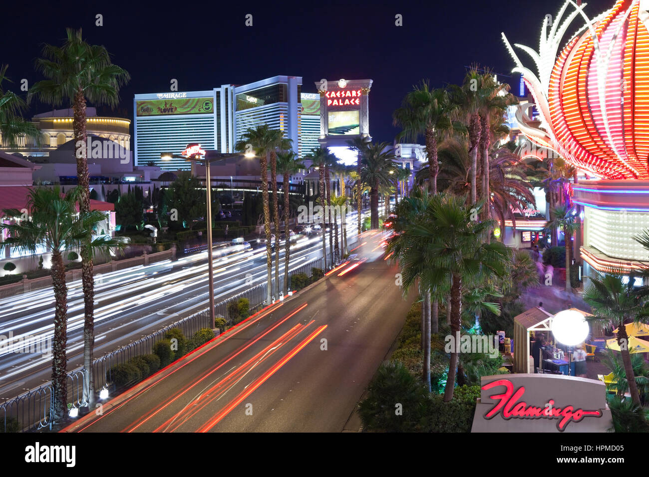 Las Vegas, Nevada, USA - October 21, 2011:  Night traffic at the Flamingo, Ceasars Palace and other resorts on the Las Vegas strip. Stock Photo