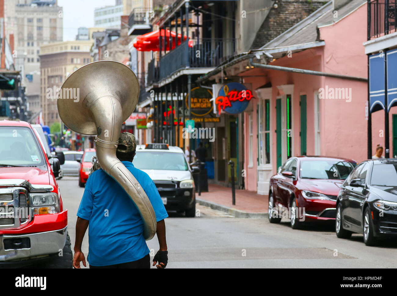 New Orleans, USA May 14, 2015 A man with a sousaphone on his back