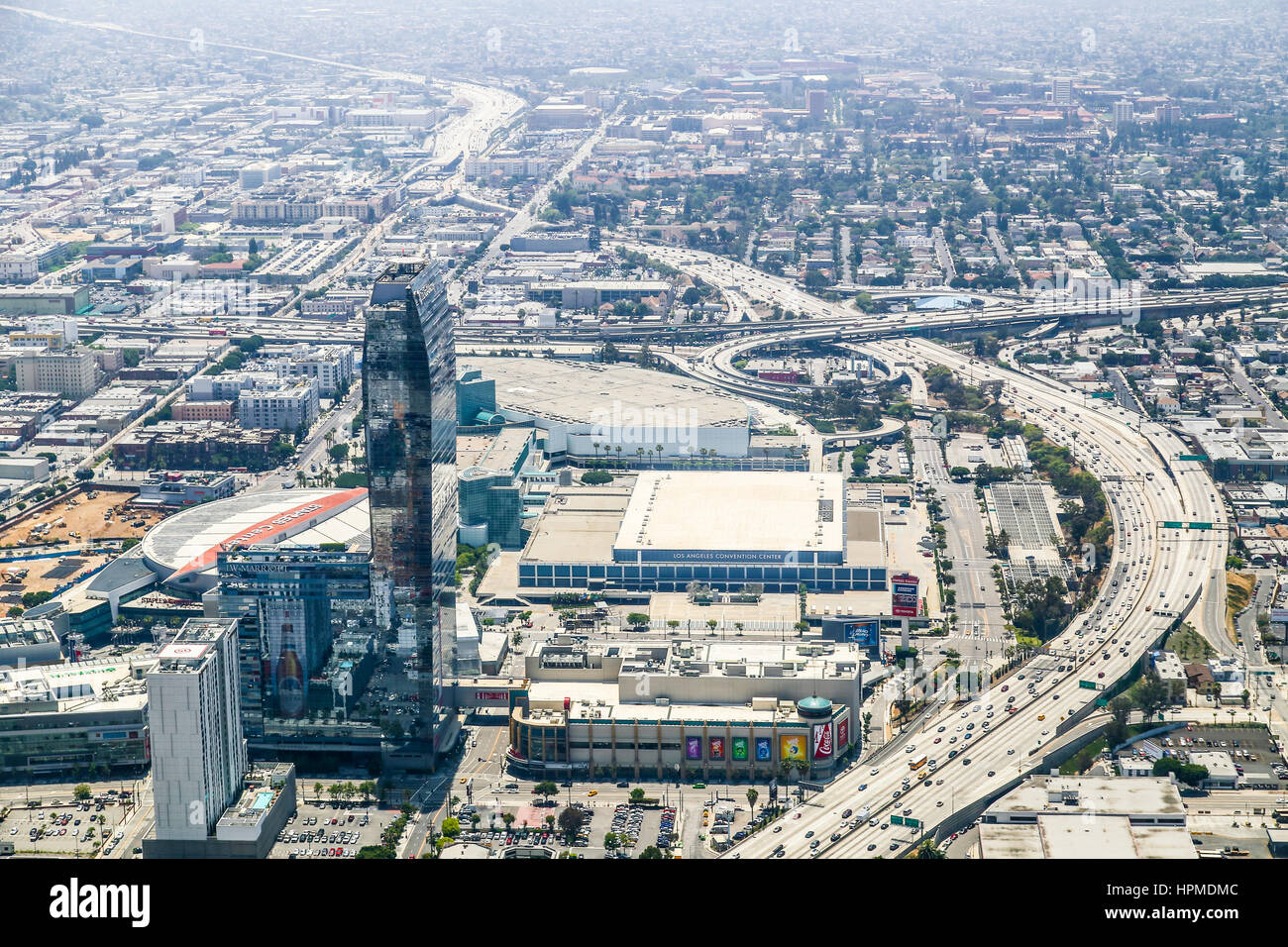 Los Angeles, USA - May 27, 2015: Aerial view of a part of Downtown Los Angeles with the Staples Center and Interstate 110. Stock Photo