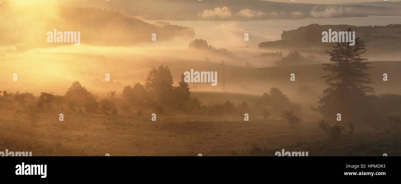 Bright misty sunny morning on mountains hills Stock Photo