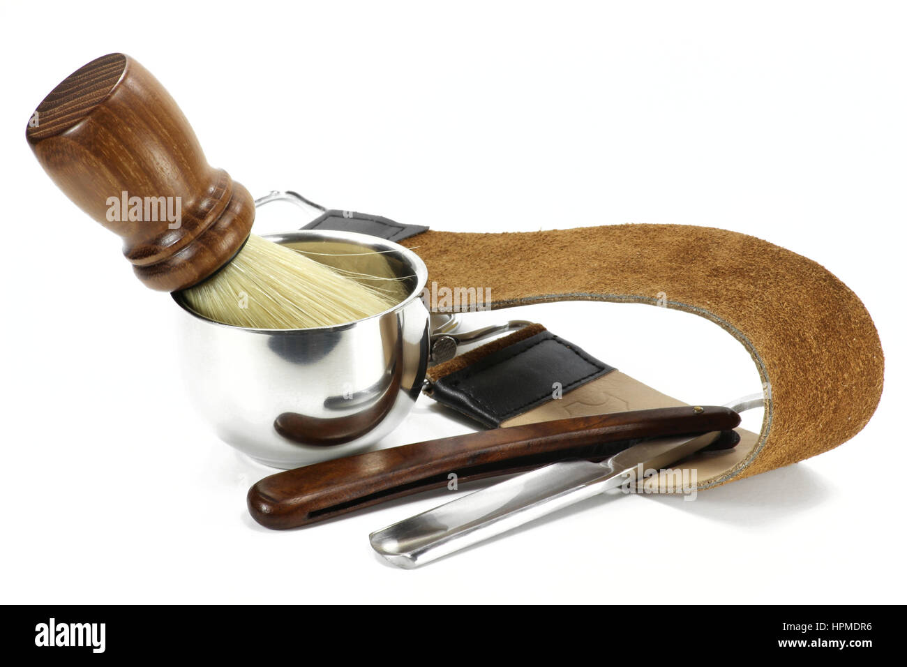 straight razor with accessories isolated on white background Stock