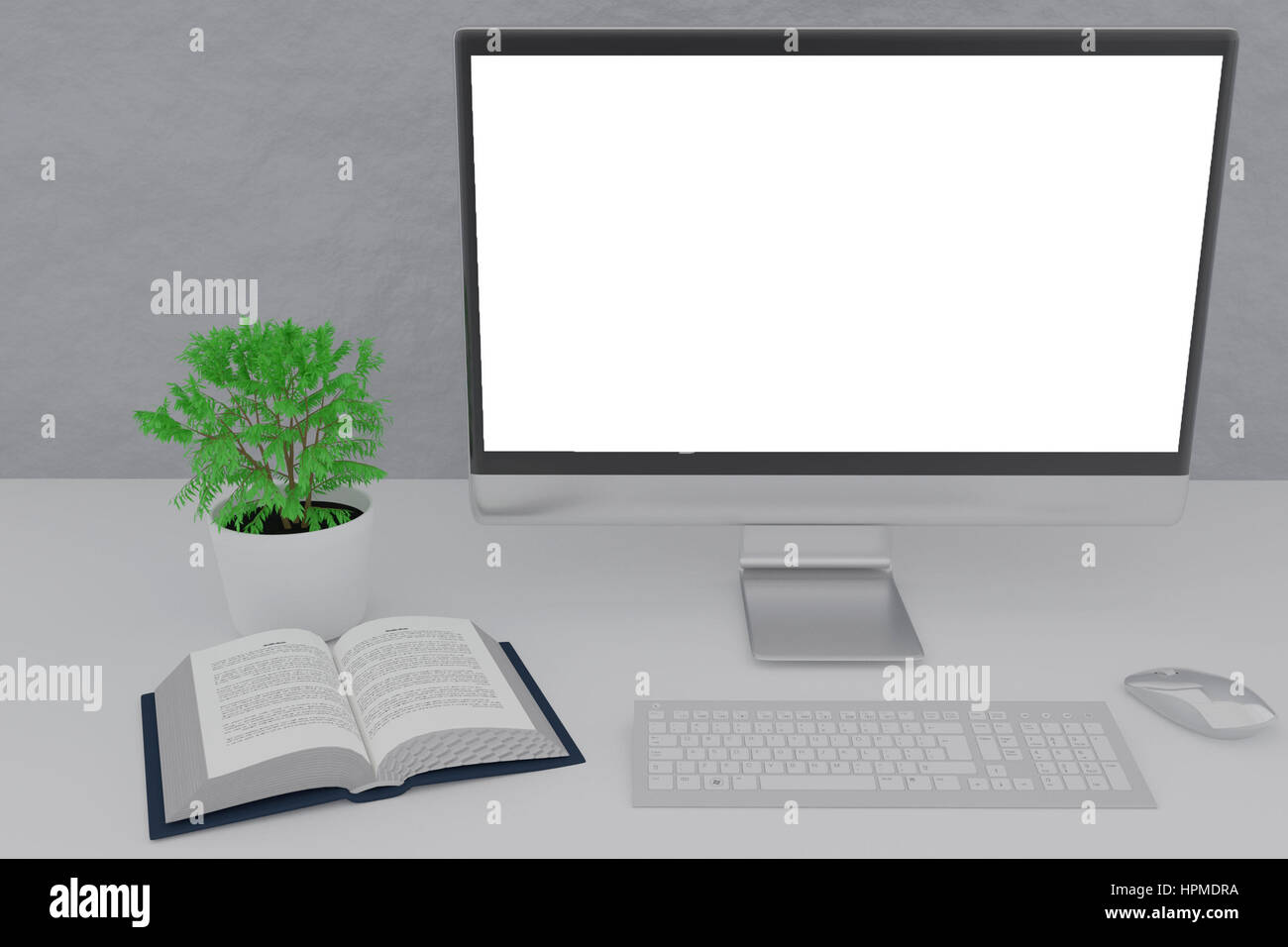 3D rendering of workspace with blank screen pc computer, keyboard with mouse, a small plant and a book, workspace Stock Photo