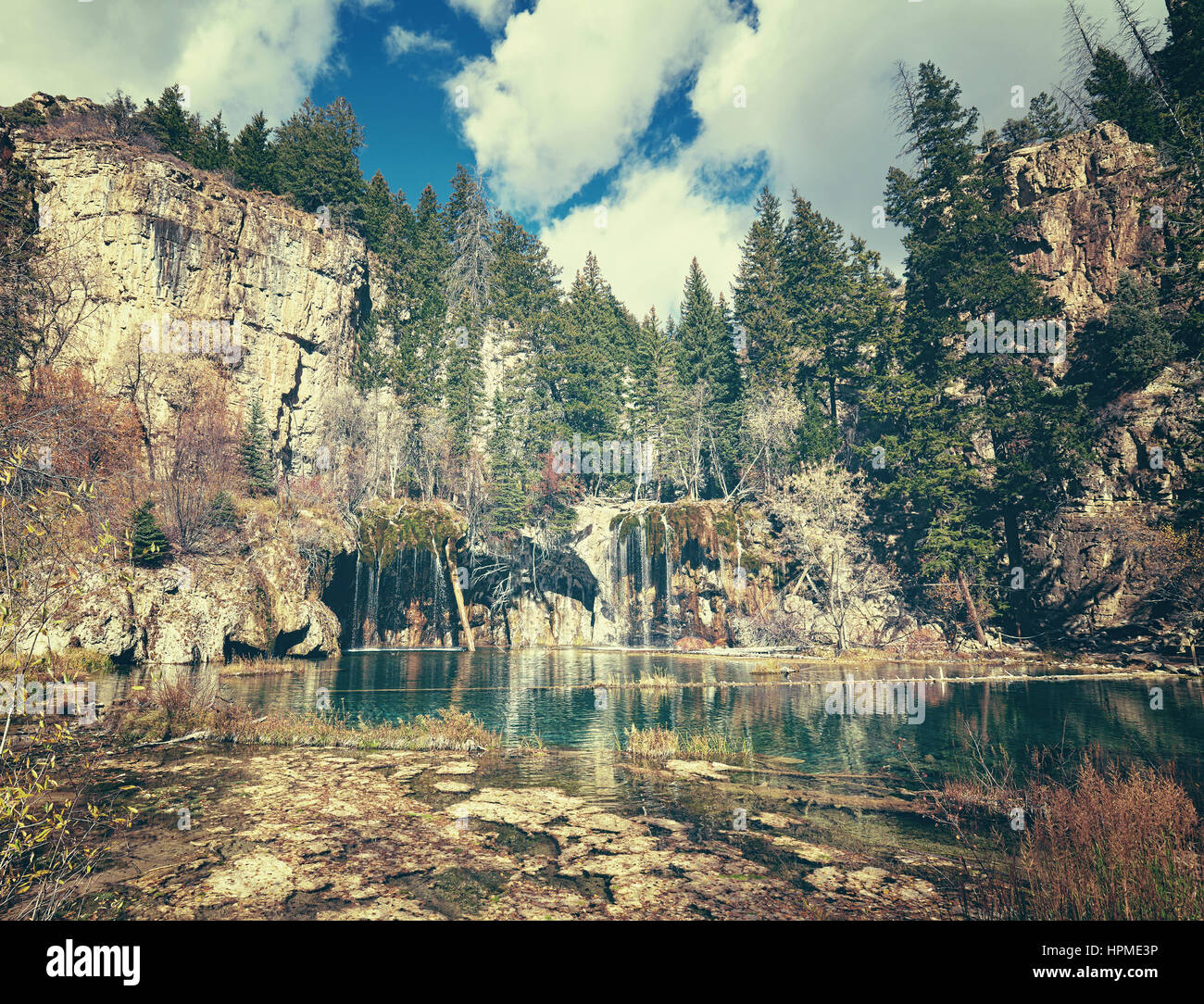 Retro toned picture of Hanging Lake in Glenwood Canyon, Colorado, USA. Stock Photo