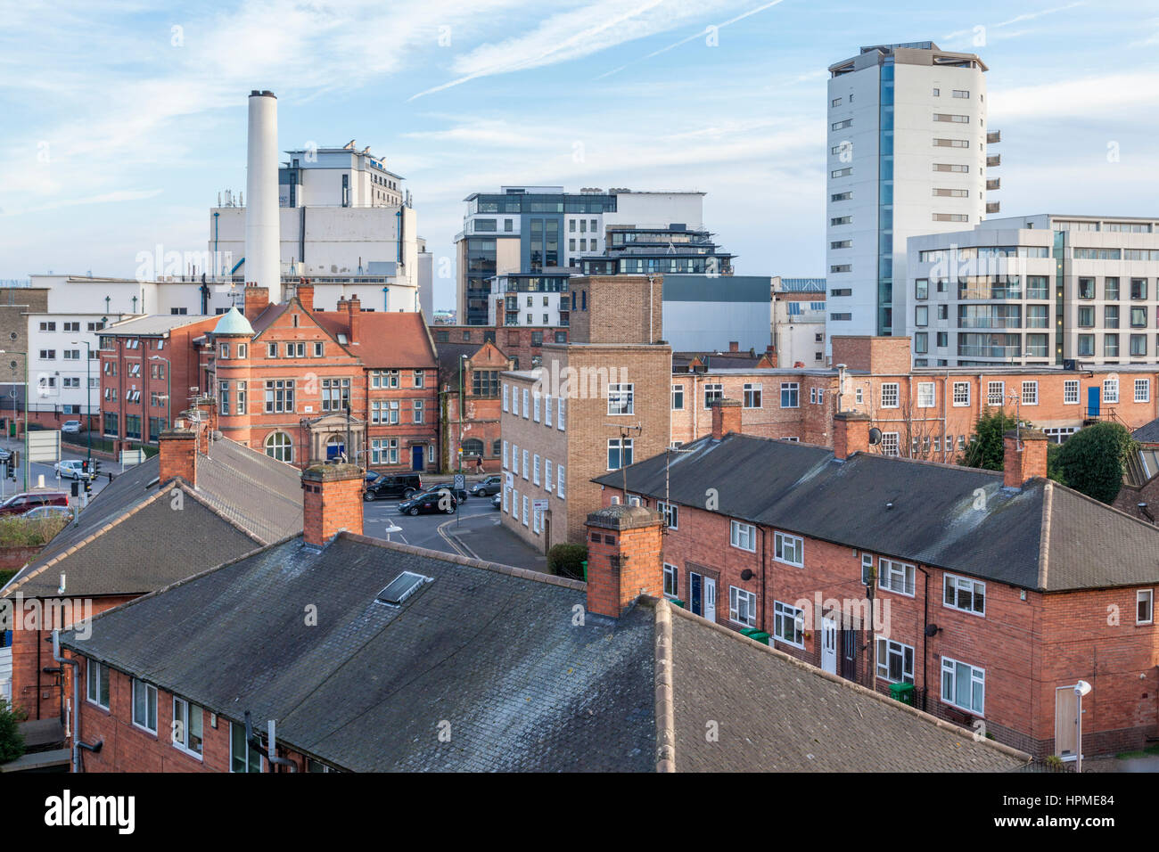 Various architecture. A variety of buildings in one city area: housing, industrial, factory, offices, a hotel and apartments. Nottingham, England, UK Stock Photo