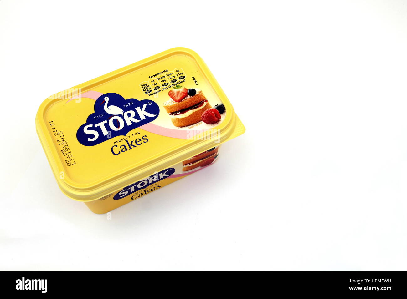Camberley, UK - Feb 22nd 2017: Top view of a tub of Stork Cakes margarine, an iconic brand in the UK since 1920. White background Stock Photo