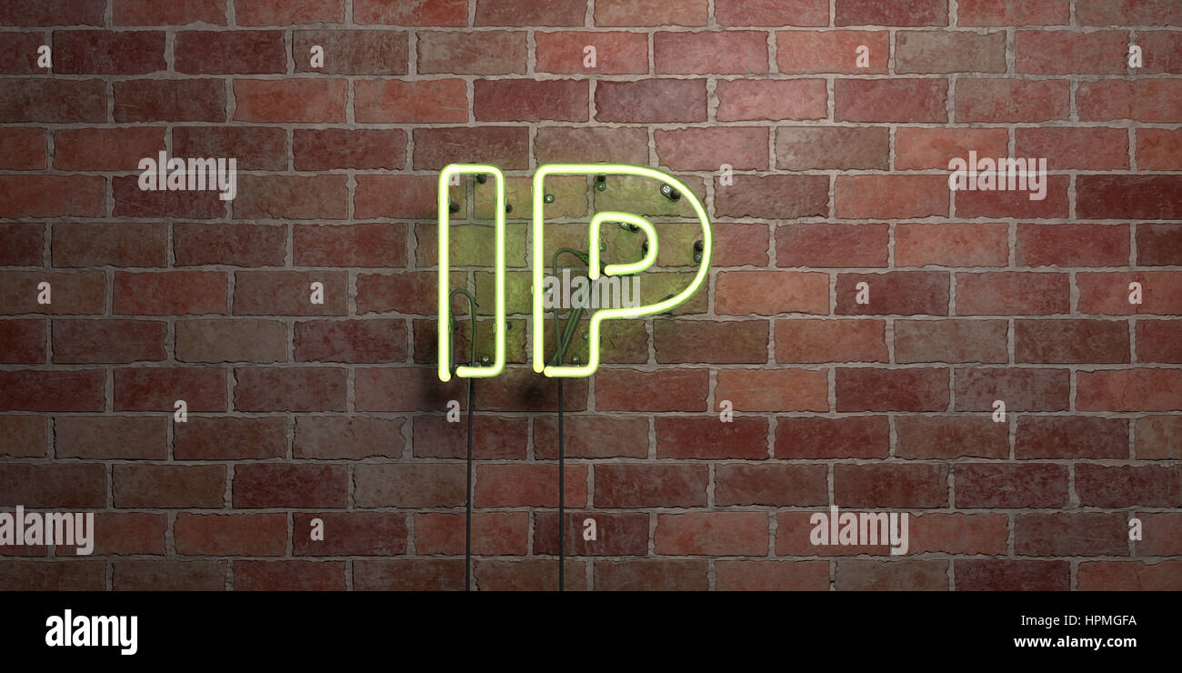 IP - fluorescent Neon tube Sign on brickwork - Front view - 3D rendered ...