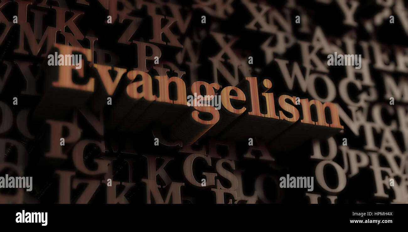 Evangelism - Wooden 3D rendered letters/message.  Can be used for an online banner ad or a print postcard. Stock Photo