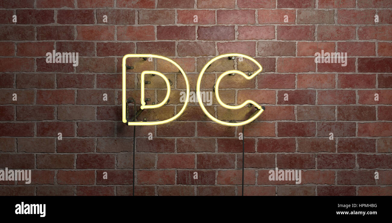 DC - fluorescent Neon tube Sign on brickwork - Front view - 3D rendered ...