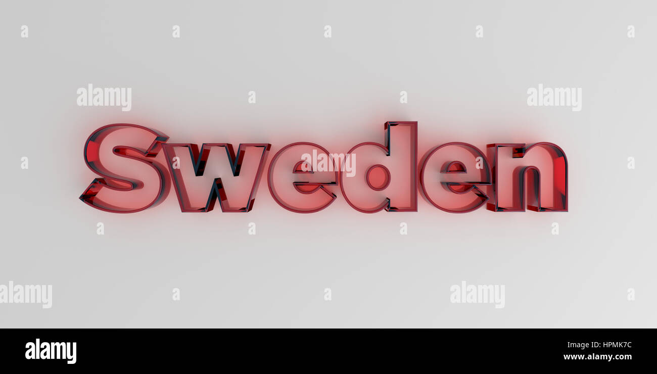 Sweden - Red glass text on white background - 3D rendered royalty free stock image. Stock Photo