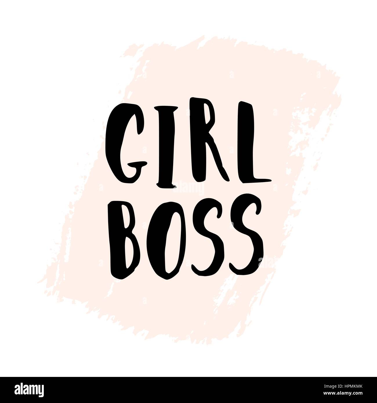 Girl Boss - inspirational quote poster design. Hand lettered text in black with pale pink brush stroke on white. Stock Vector