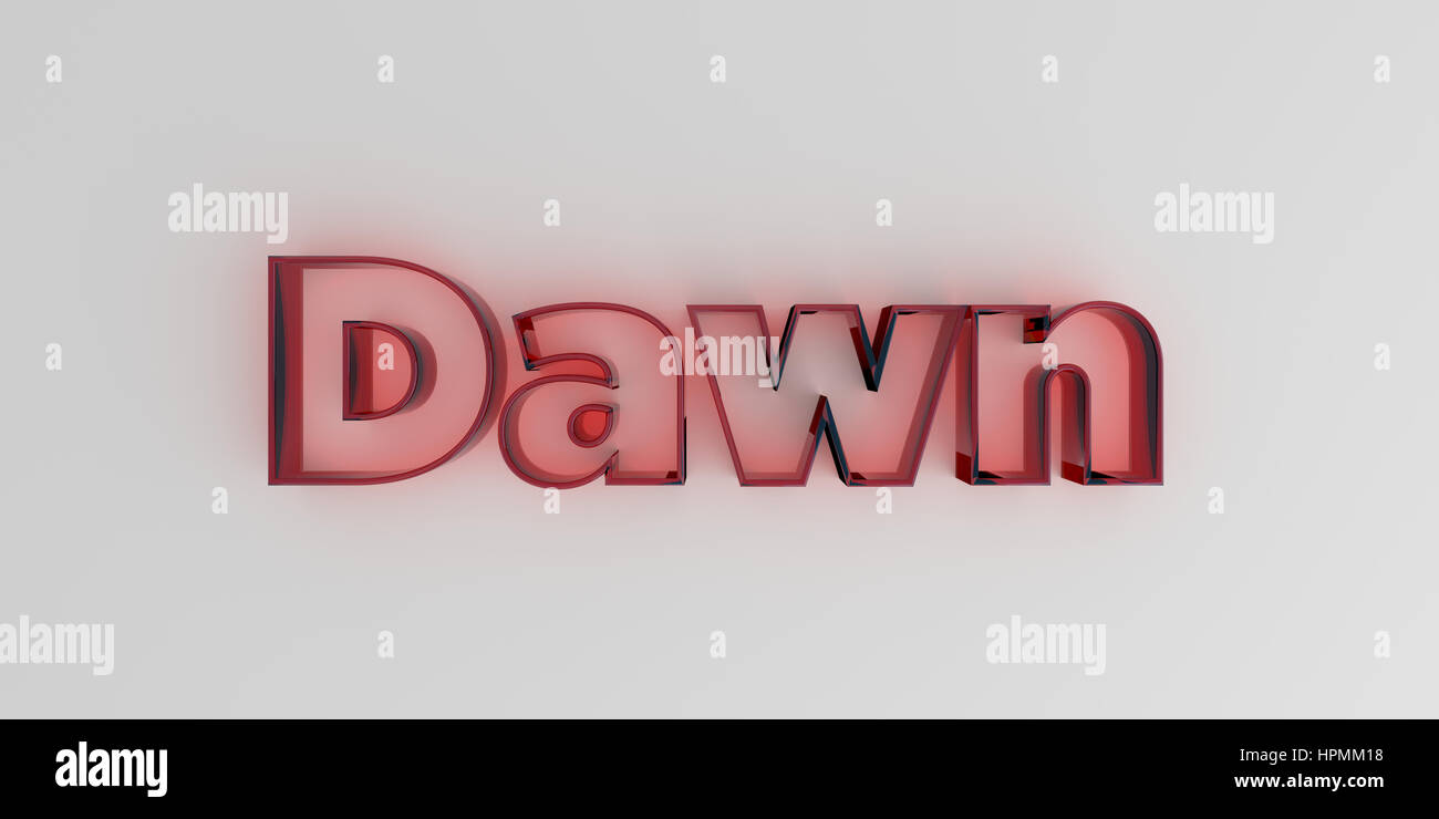 Dawn - Red glass text on white background - 3D rendered royalty free ...