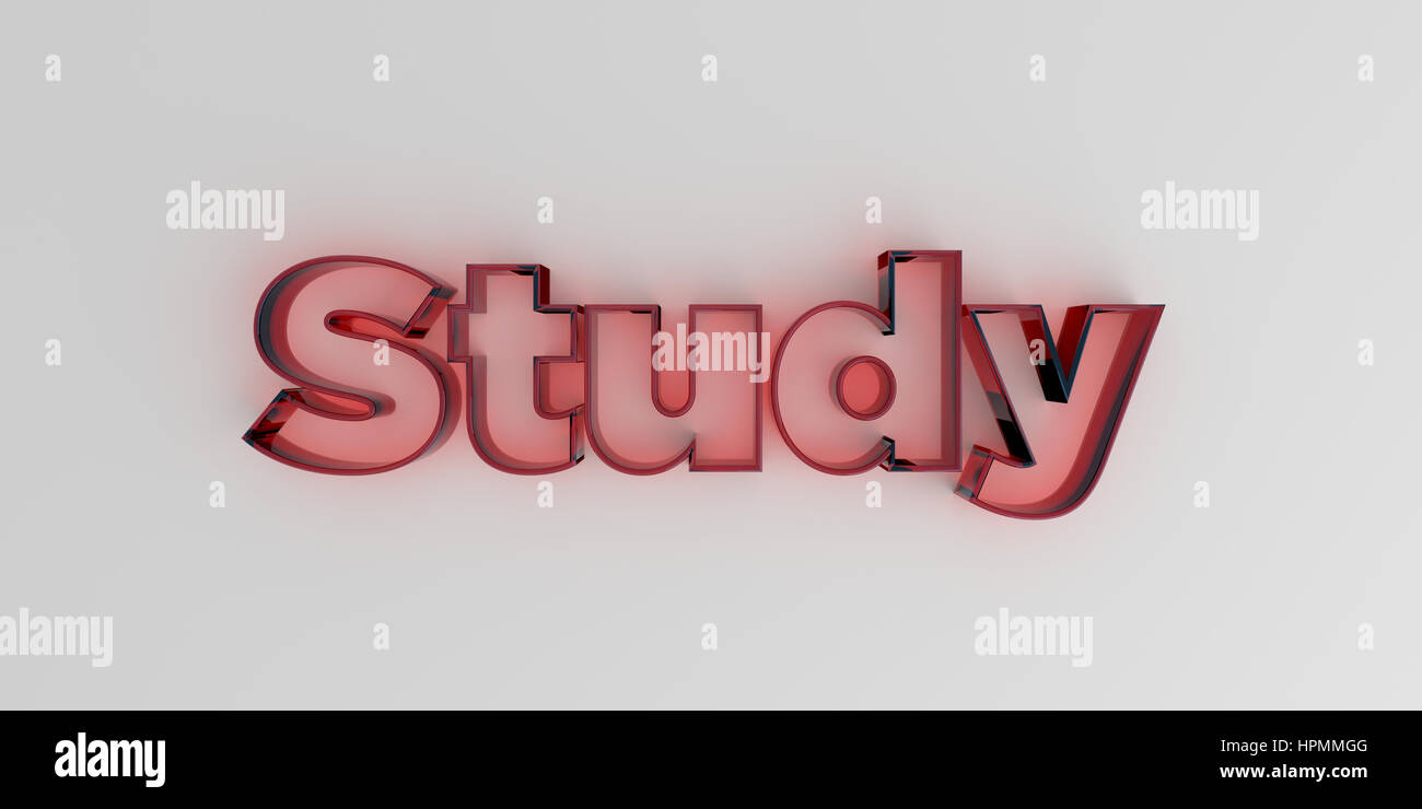 Study - Red glass text on white background - 3D rendered royalty free stock image. Stock Photo