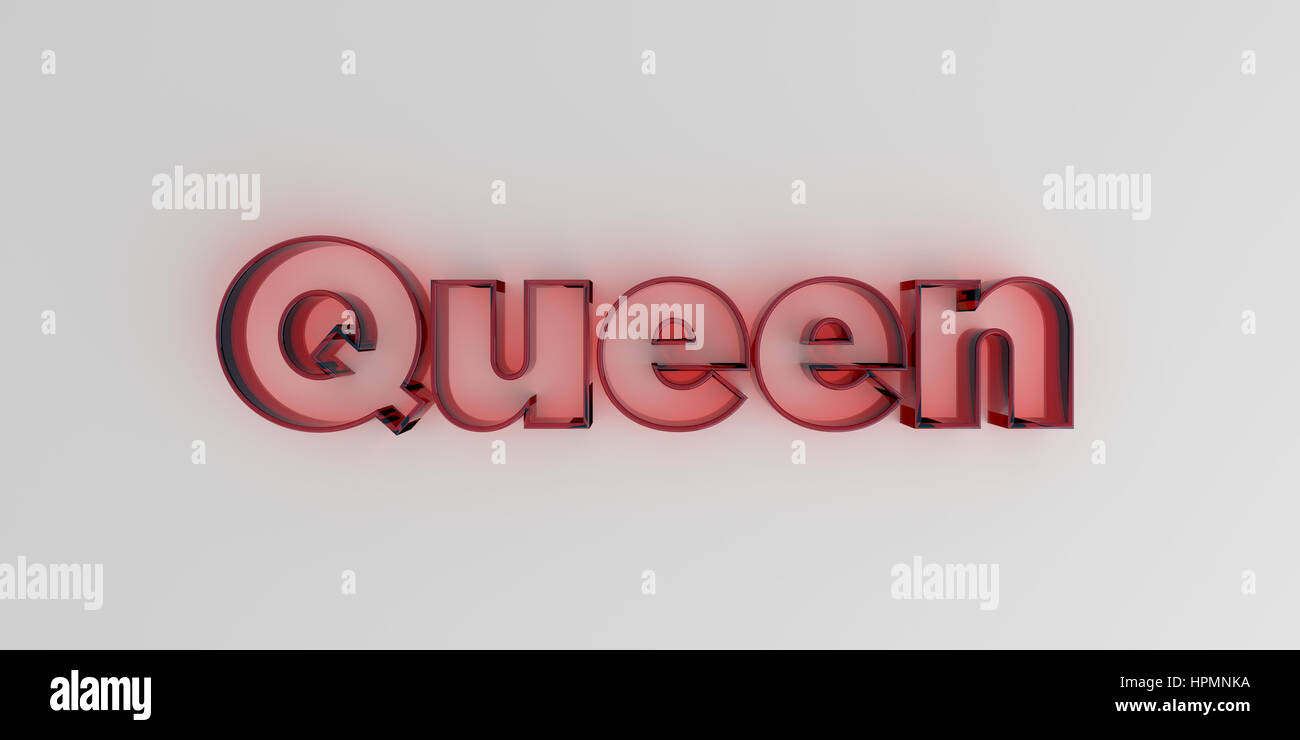 Queen - Red glass text on white background - 3D rendered royalty free stock image. Stock Photo