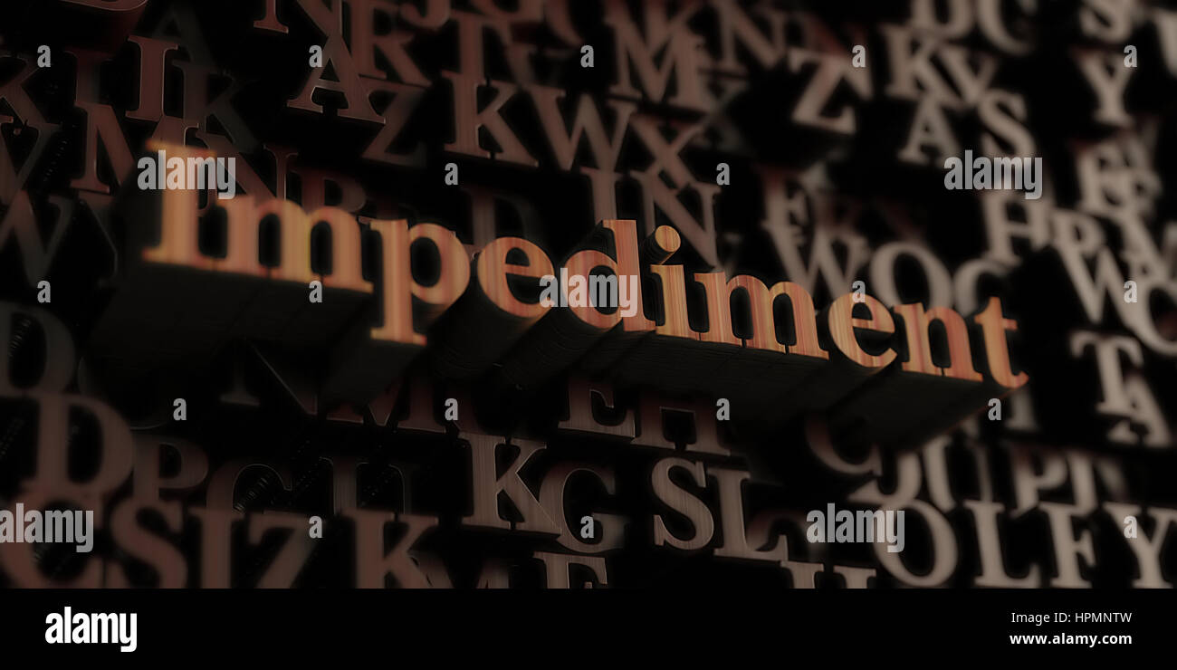Impediment - Wooden 3D rendered letters/message.  Can be used for an online banner ad or a print postcard. Stock Photo
