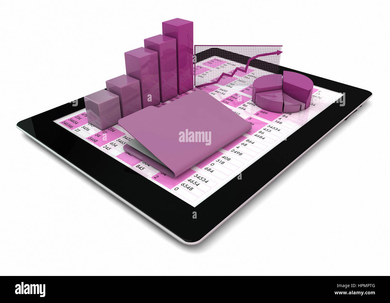 render of a tablet pc with graphics and folder over the screen Stock Photo
