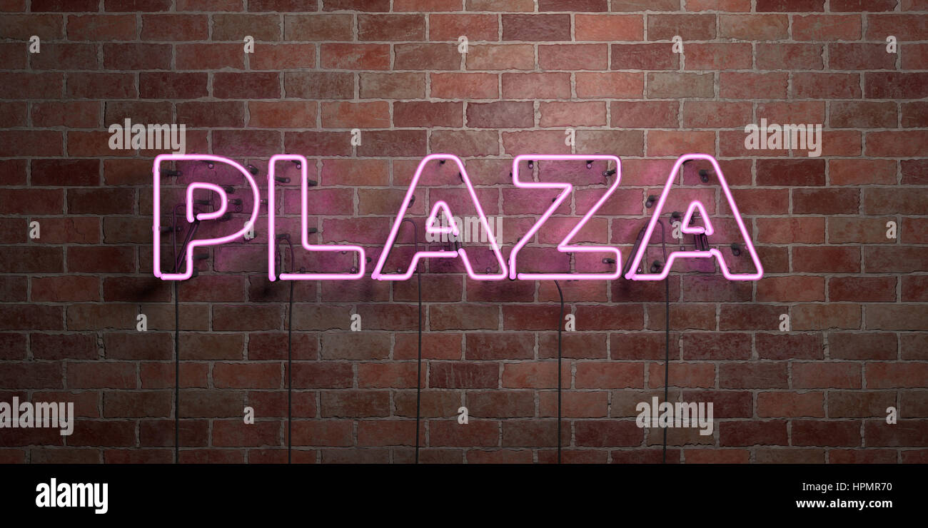 PLAZA - fluorescent Neon tube Sign on brickwork - Front view - 3D ...