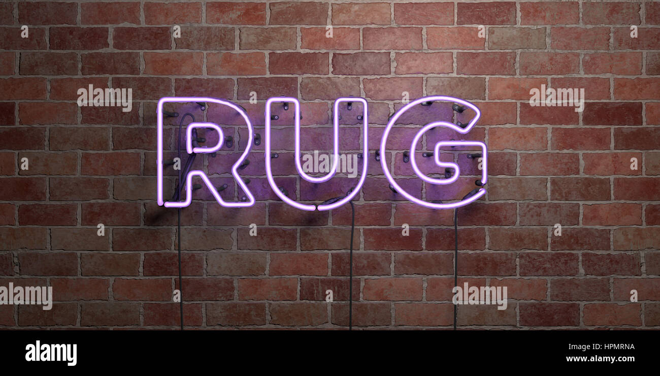 RUG - fluorescent Neon tube Sign on brickwork - Front view - 3D ...