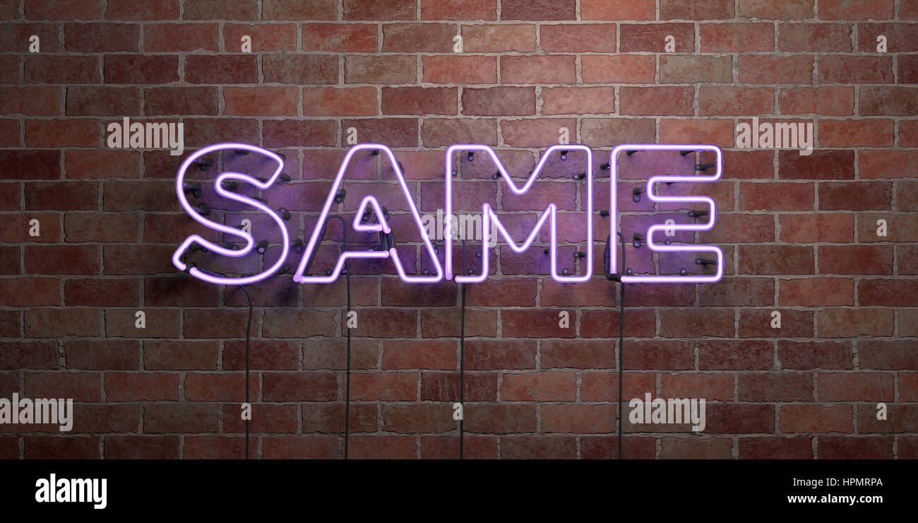 SAME fluorescent Neon tube Sign on brickwork Front view 3D