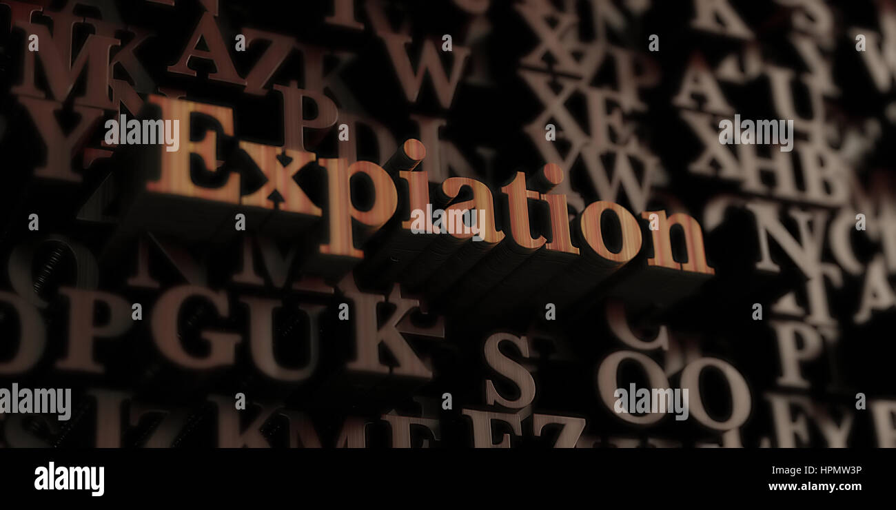 Expiation - Wooden 3D rendered letters/message.  Can be used for an online banner ad or a print postcard. Stock Photo