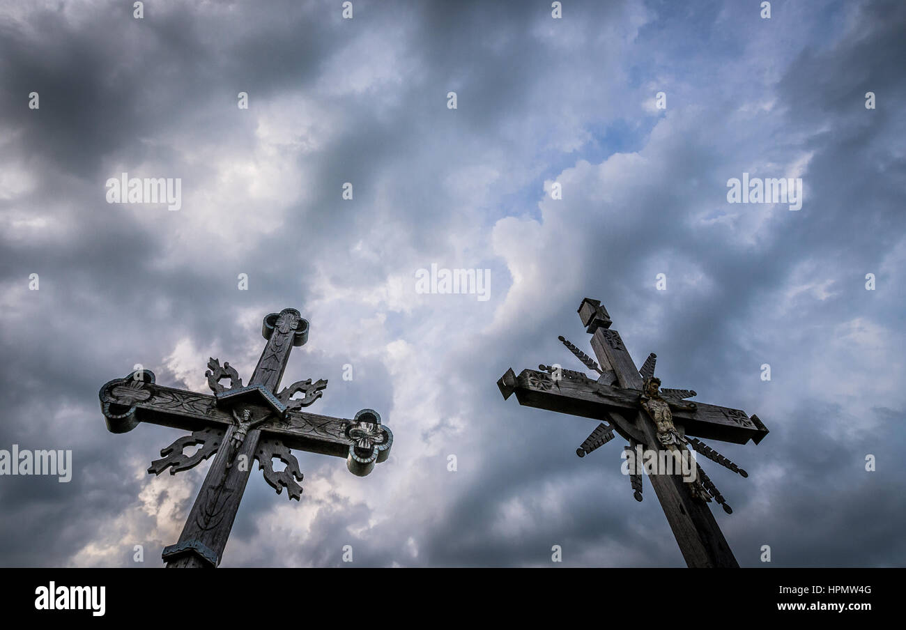 Close up on crosses on the Hill of Crosses in Lithuania Stock Photo