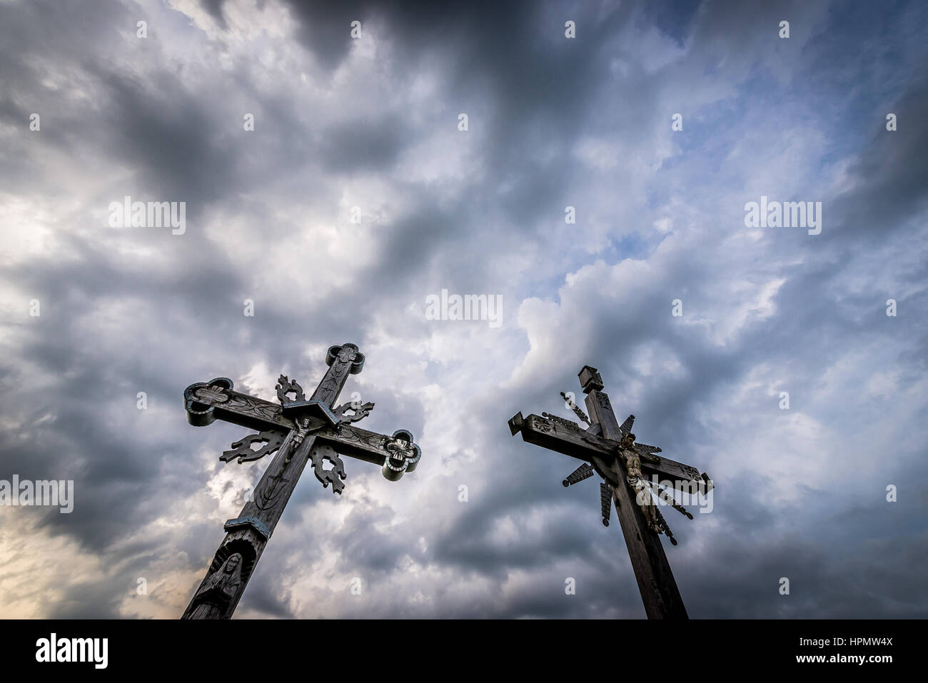 Close up on crosses on the Hill of Crosses in Lithuania Stock Photo