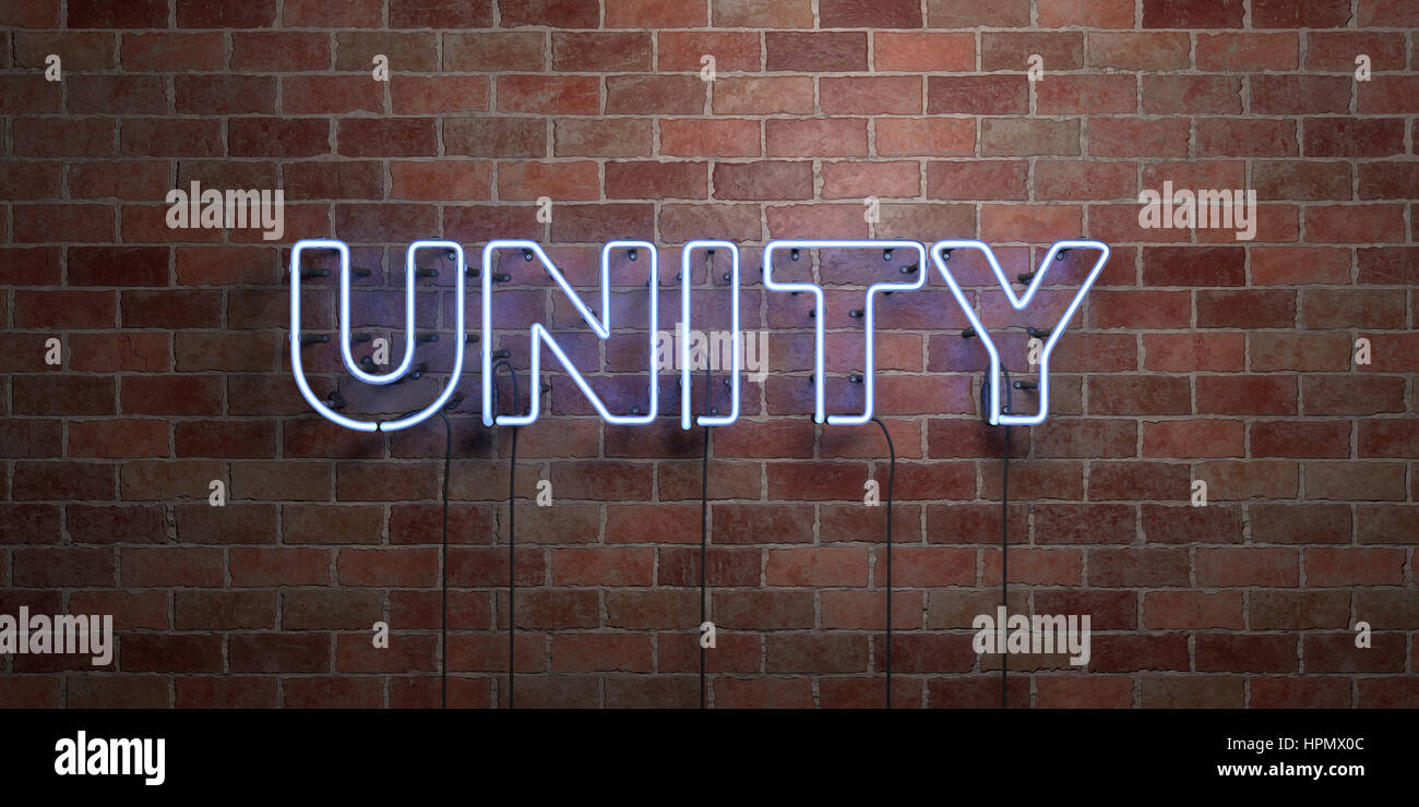 UNITY - fluorescent Neon tube Sign on brickwork - Front view - 3D ...