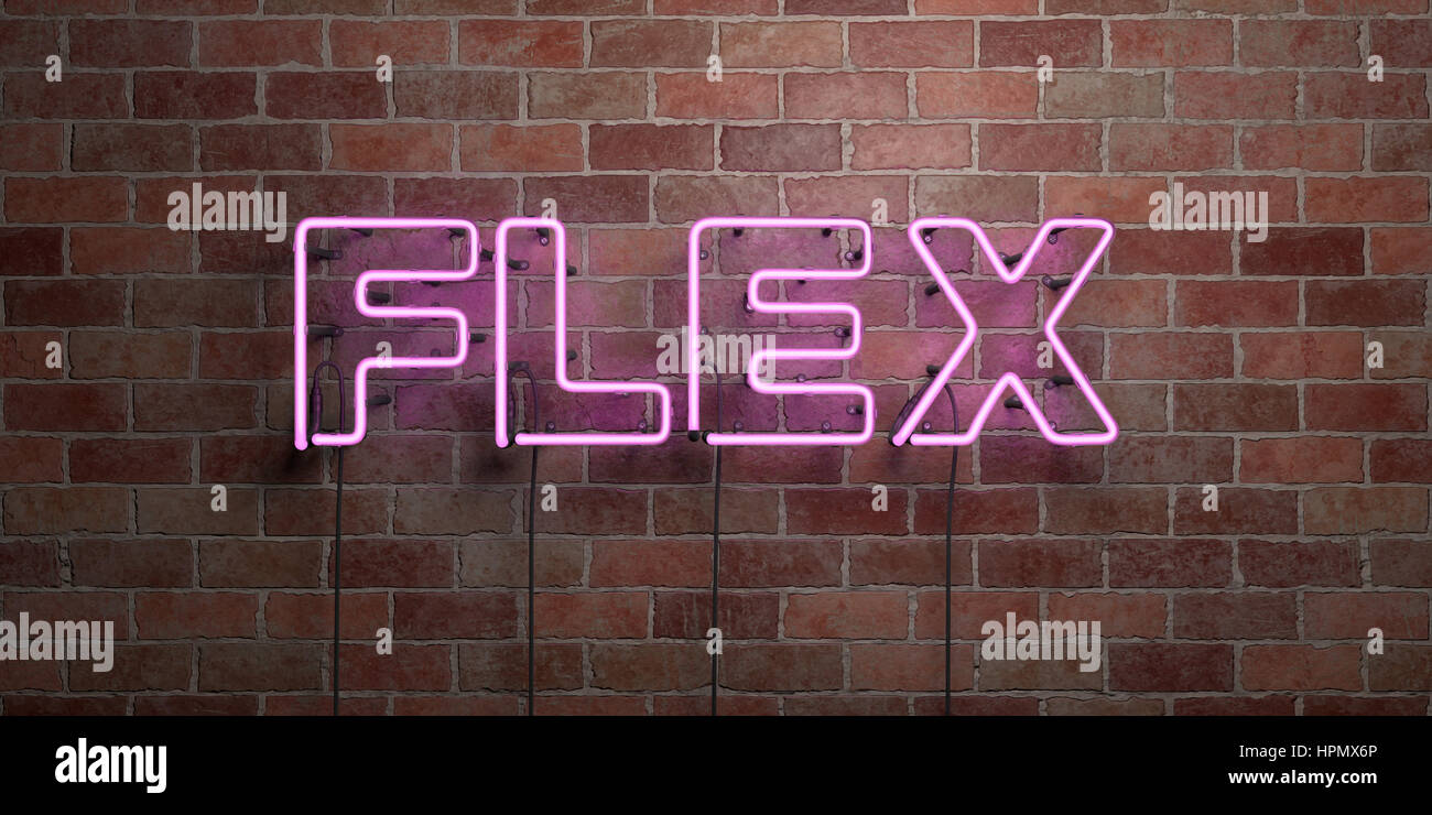 FLEX - fluorescent Neon tube Sign on brickwork - Front view - 3D rendered royalty free stock picture. Can be used for online banner ads and direct mai Stock Photo