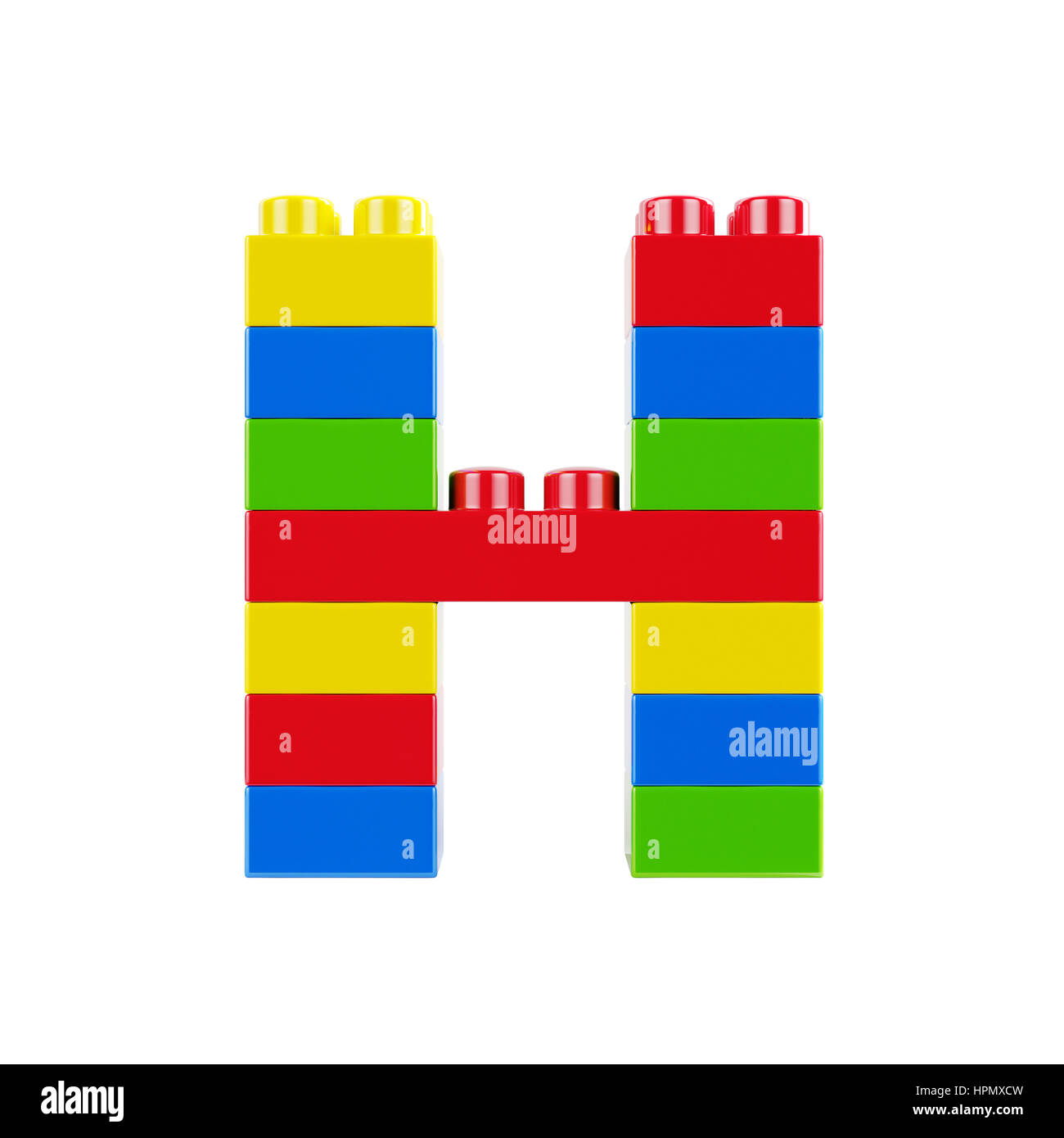 Letter H plastic font alphabet character made of toy construction brick blocks. Isolated on white background Stock Photo
